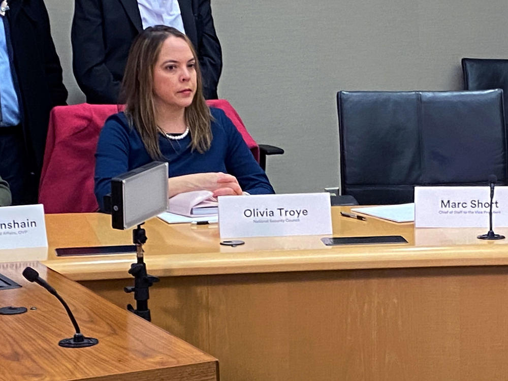 Olivia Troye, U.S. Vice President Mike Pence's top coronavirus advisor at the time, participates in a coronavirus disease briefing event with the Vice President at 3M's company headquarters in Maplewood, Minn. in March.