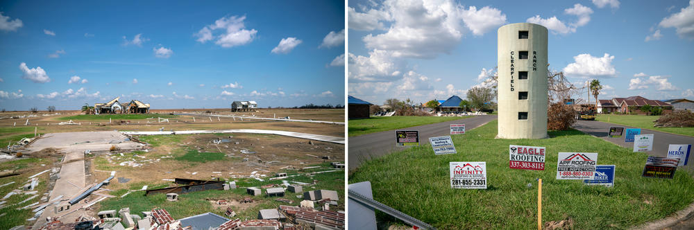 Southwest Louisiana was badly damaged by Hurricane Laura. In Cameron Parish (left), a 17-foot storm surge carried entire houses away. Farther inland, wind-driven rain destroyed roofs and filled homes with water and debris.