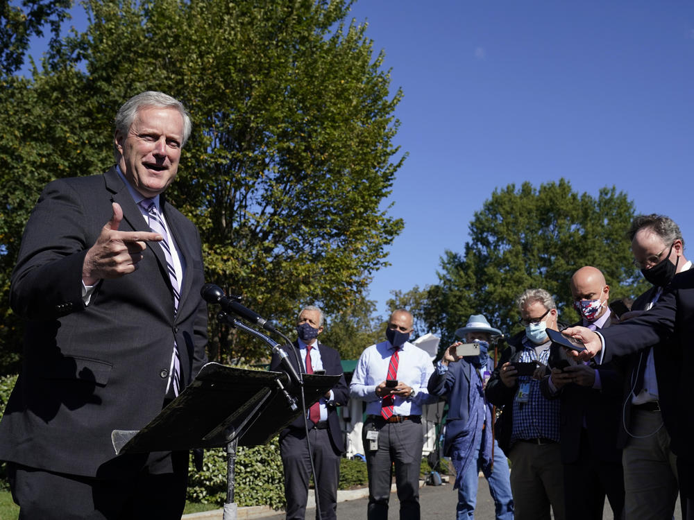 White House chief of staff Mark Meadows speaks with reporters Friday at the White House about President Trump's positive test for the coronavirus.