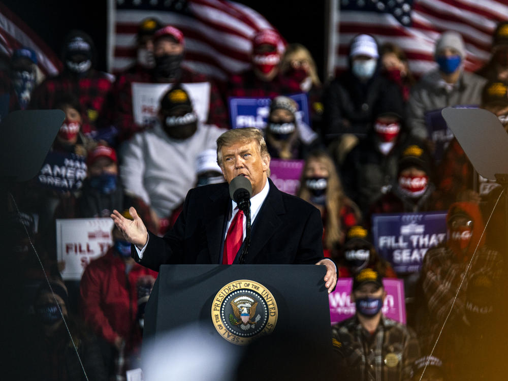 Trump speaks during a campaign rally at the Duluth International Airport on Sept. 30, 2020 in Duluth, Minn.