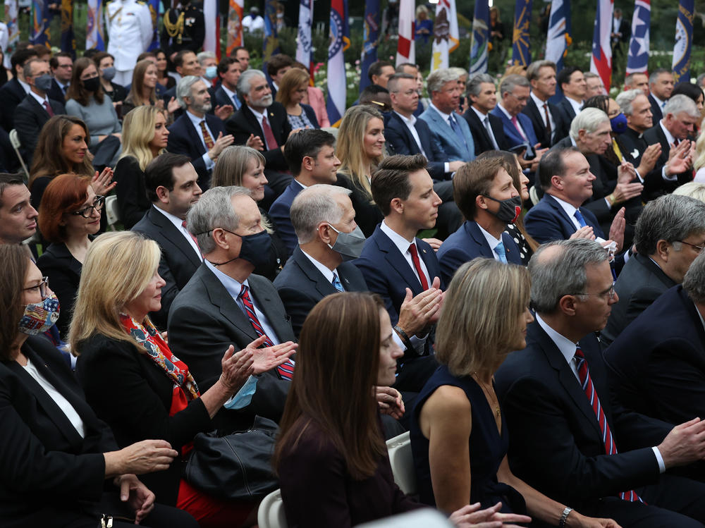 Among the Republican senators at the event are (second row from left) Deb Fischer, Marsha Blackburn, Mike Crapo, Thom Tillis, Josh Hawley, Ben Sasse and Mike Lee. Although he wore a mask, Tillis later tested positive.