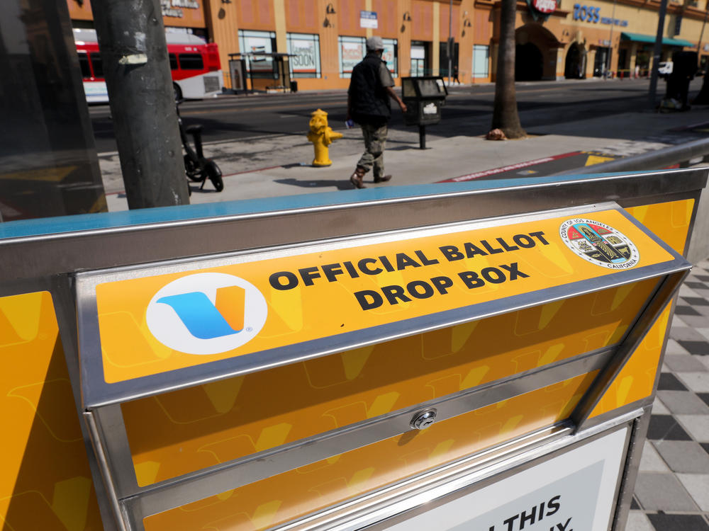 An official mail-in ballot drop box is posted in Los Angeles.