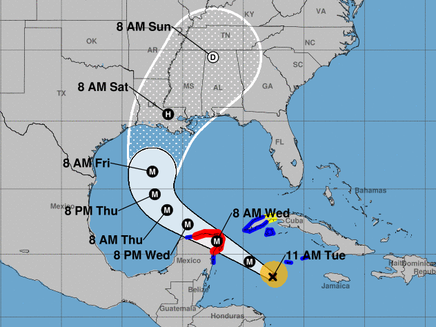 Hurricane Delta will pass over part of the Yucatan Peninsula before heading toward the Gulf Coast, where it's forecast to make landfall on the Louisiana coast late this week.