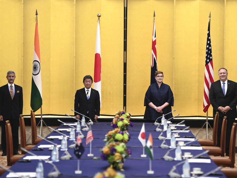 Indian Minister of External Affairs Subrahmanyam Jaishankar (from left), Japanese Foreign Minister Toshimitsu Motegi, Australian Foreign Minister Marise Payne and Secretary of State Mike Pompeo attend a meeting Tuesday in Tokyo.