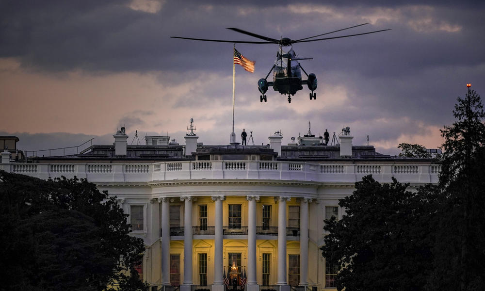 President Trump arrives back at the White House aboard Marine One after being treated for COVID-19 at Walter Reed National Military Medical Center on  Monday.