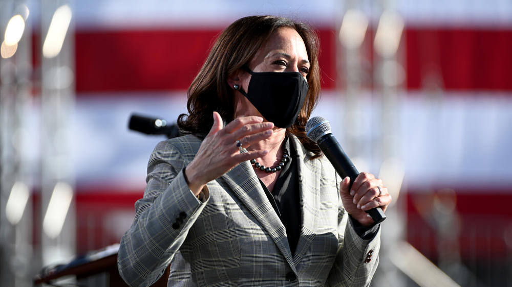 Democratic vice presidential nominee Sen. Kamala Harris speaks during a voter mobilization drive-in event in Las Vegas at UNLV on Oct. 2.