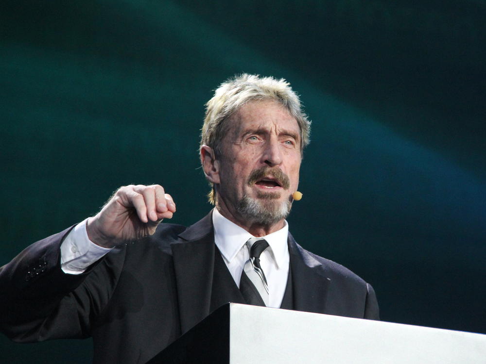 John McAfee gives a speech in August 2016 at a Beijing conference. McAfee has been arrested on tax evasion charges in Spain.