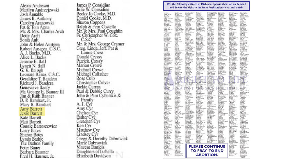 Barrett's name on this 2006 newspaper ad opposing <em>Roe v. Wade</em> has drawn criticism from abortion-rights advocates who fear that if confirmed to the high court she'd vote to overturn precedent guaranteeing abortion rights.