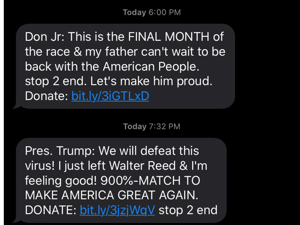 A compilation of screenshots of text messages sent by President Trump's campaign to Jennifer Stromer-Galley, a professor at Syracuse University.