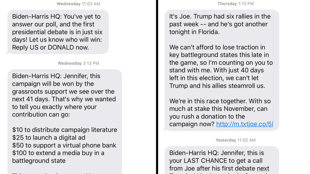 A compilation of screenshots of text messages sent by the Joe Biden campaign to Jennifer Stromer-Galley, a professor at Syracuse University.