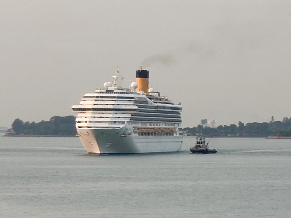 A cruise ship is shown here approaching a port in Singapore in March. Singapore plans to launch cruises with no destinations next month.