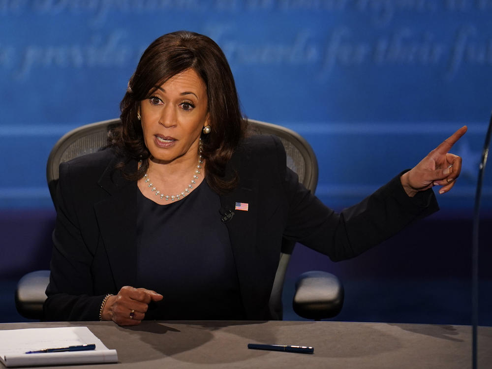 Democratic vice presidential candidate Sen. Kamala Harris responds to Vice President Pence during Wednesday's debate in Salt Lake City.