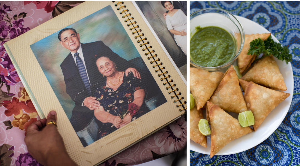 Left: Raju and Shirin Kassam created the original family samosa recipe. Shirin died in 2016. Raju is now 95. Right: Freshly fried samosas.