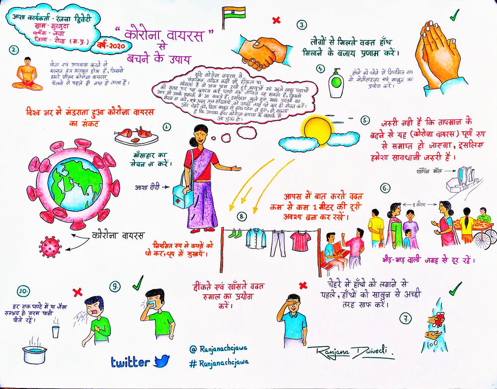 COVID-19 do's and don'ts. Dwivedi and her 21-year-old son, Rishikesh, drew this poster to help people in Gurguda understand the coronavirus.