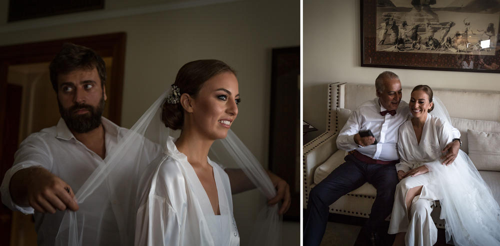 Left photo: With the help of a hairdresser, Harazy gets ready for the wedding in her dressing room. Right: Harazy's father, Nabil, hugs his daughter before the ceremony.