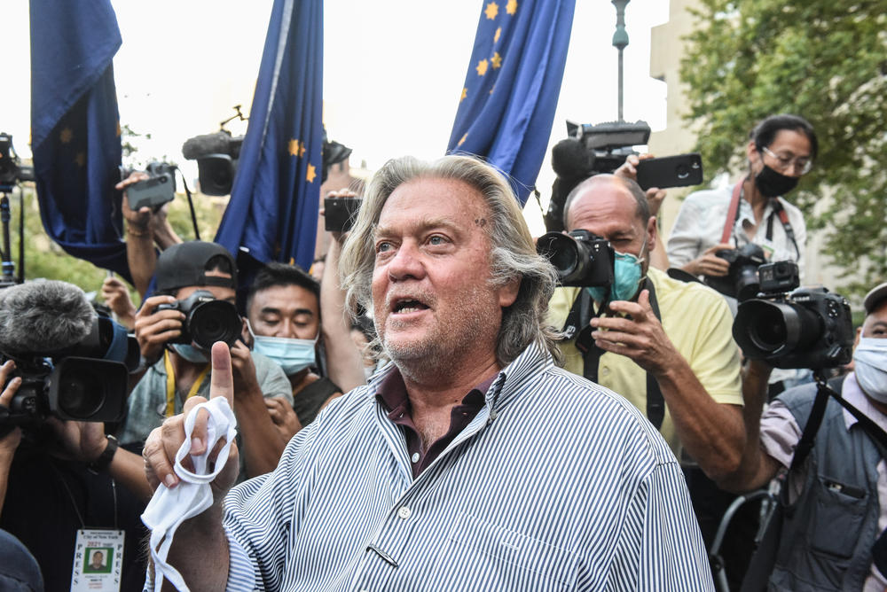 Former White House Chief Strategist Steve Bannon exits the Manhattan Federal Court on Aug. 20, in New York City. Bannon and three other defendants have been indicted for allegedly defrauding donors in a $25 million border wall fundraising campaign.