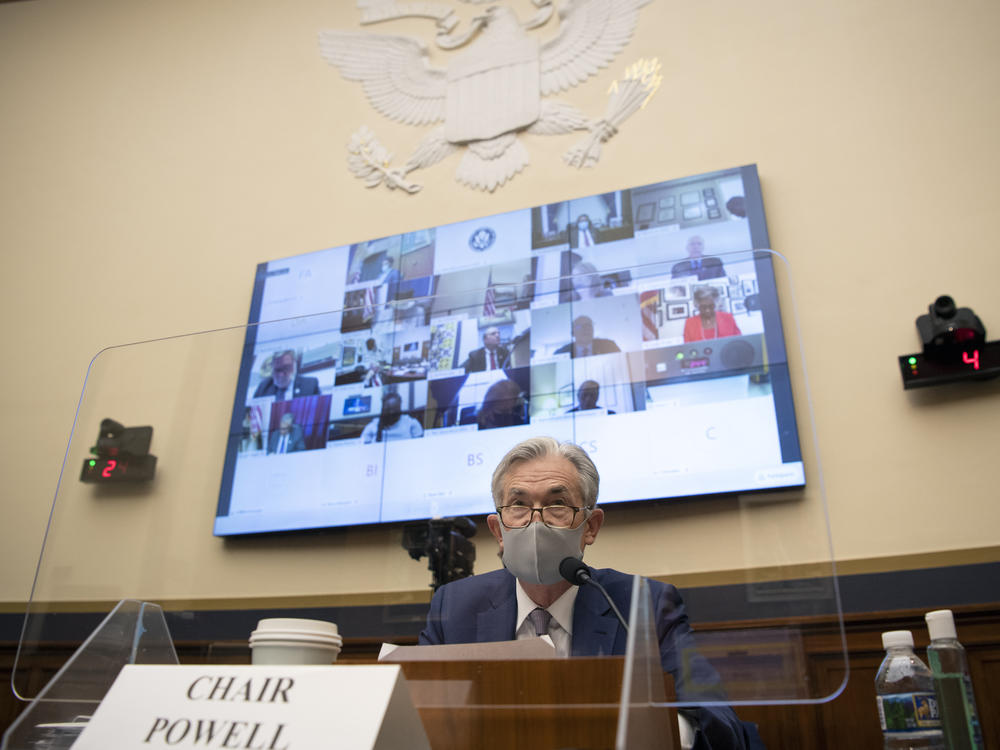 Federal Reserve Chair Jerome Powell testifies before the House Financial Services Committee at the U.S. Capitol last month during a hearing about the Treasury Department's and Federal Reserve's pandemic response.