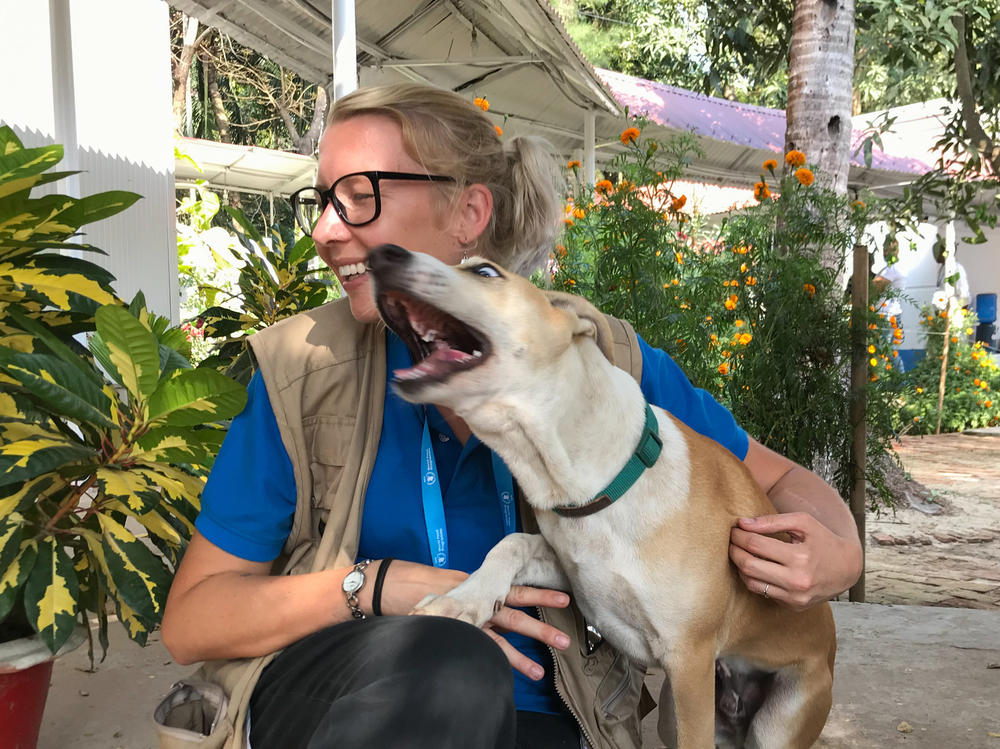Foxtrot and Gemma Snowdon of the U.N. World Food Programme, who rescued the pooch as a 4-week-old puppy. Foxtrot's reaction to the Nobel Peace Prize: 