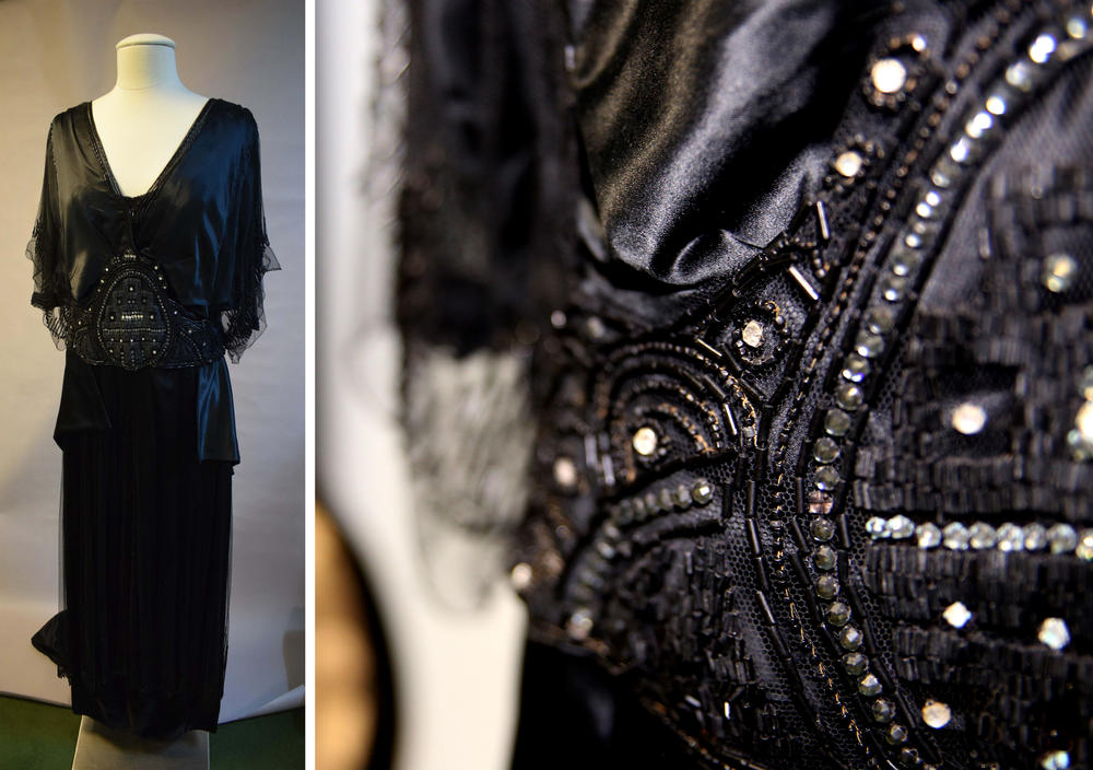 A black silk satin and tulle evening dress designed by Madeleine Vionnet.