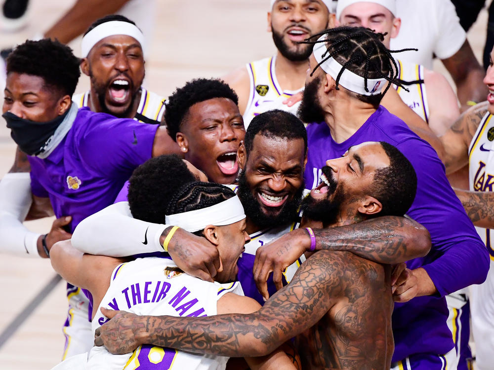 The Los Angeles Lakers celebrate after winning the 2020 NBA Championship in Game Six on Sunday in Lake Buena Vista, Fla.