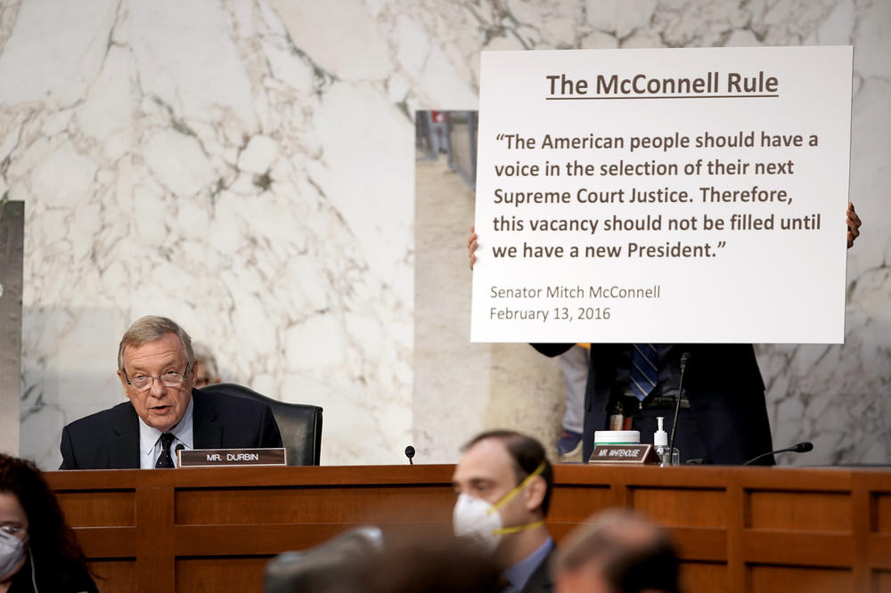 In his opening statement at Monday's hearing, Sen. Richard Durbin, D-Ill., refers to a quote from Senate Majority Leader Mitch McConnell, R-Ky., about President Barack Obama's attempt to confirm a new Supreme Court justice in 2016. At the time, McConnell argued that the seat should not be filled until after the election.