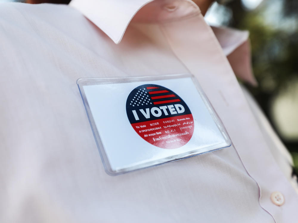 A voter wears an 