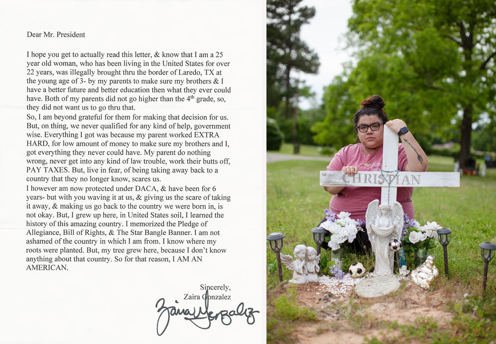 Zaira Gonzales poses for a portrait by the grave of her brother, Christian Gonzalez, in Palestine, Texas. Christian died in Falfurrias, Texas in September of 2012 while crossing illegally into the United States from Mexico.