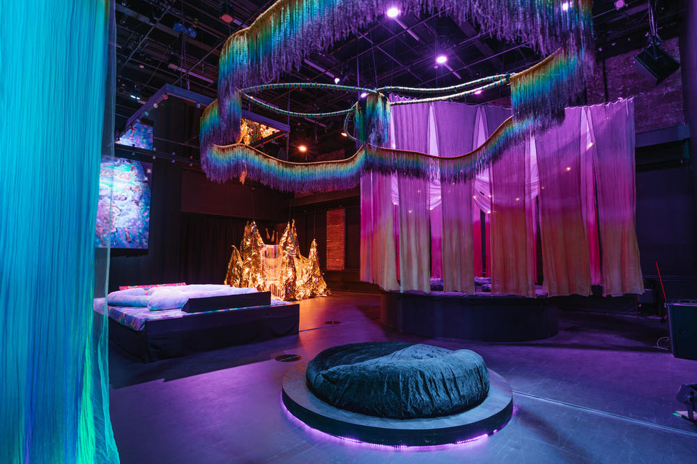 <em>Back Power Naps,</em> 2019, is an elaborate arrangement of plush beds and bean bags in a spacious, black box theater by interdisciplinary artist Navild Acosta. 