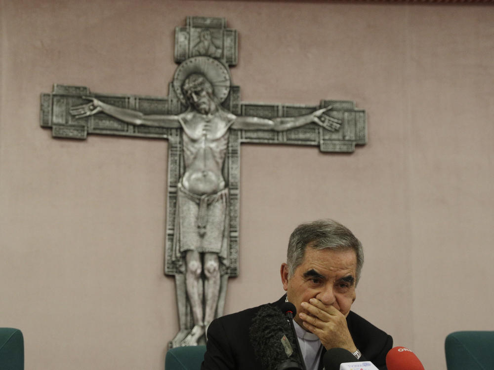 Cardinal Angelo Becciu talks to journalists during a news conference in Rome, on Sept. 25. Cardinal Angelo Becciu has resigned from the post and renounced his rights as a cardinal amid a financial scandal that has reportedly implicated him indirectly.