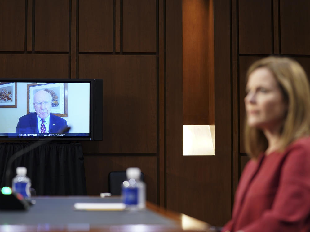 Sen. Patrick Leahy, D-Vt., speaks via videoconference during Amy Coney Barrett's Supreme Court confirmation hearing on Tuesday.