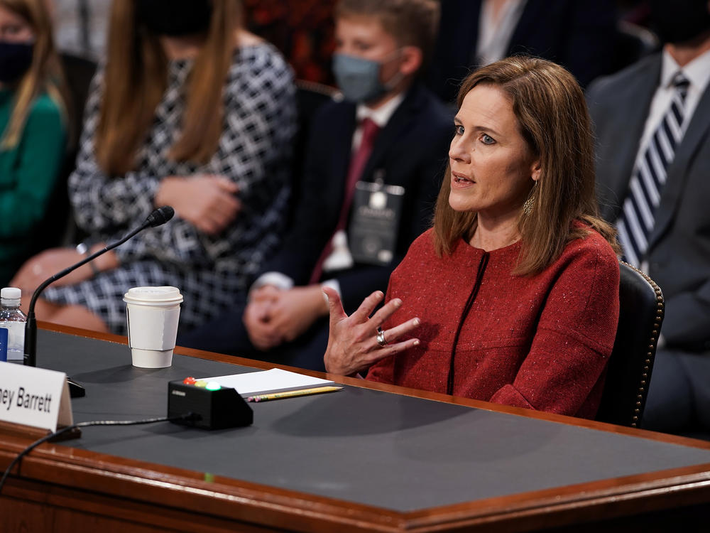 President Trump's Supreme Court nominee Judge Amy Coney Barrett testifies during the second day of her Senate Judiciary confirmation hearing on Tuesday.