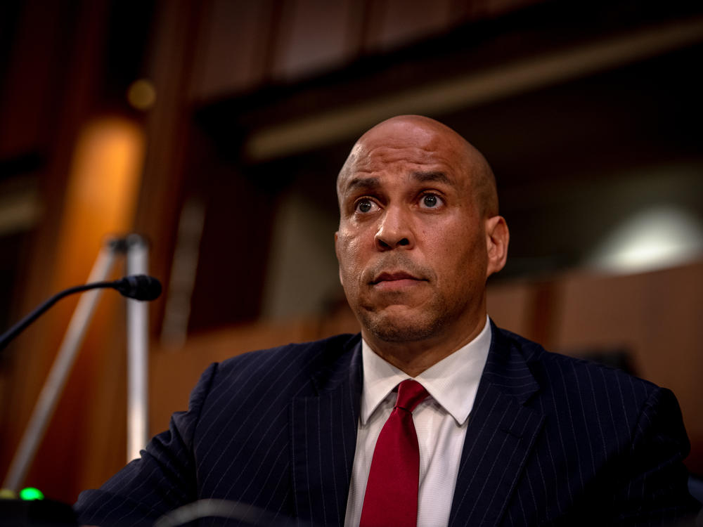 Sen. Cory Booker, D-N.J., attends the second day of the Senate Judiciary Committee confirmation hearing for Supreme Court nominee Judge Amy Coney Barrett on Tuesday in Washington, D.C. (Hilary Swift-Pool/Getty Images)