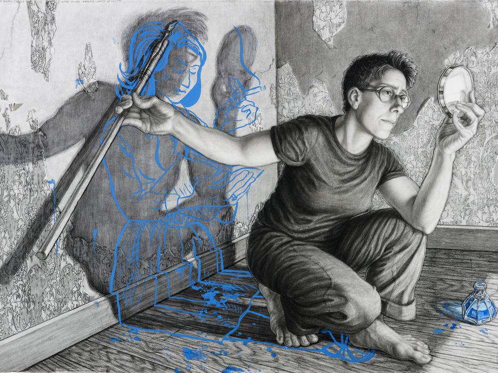Riva Lehrer's 2010 charcoal mixed-media collage portrait of Alison Bechdel, author of the <em>Dykes to Watch Out For</em> comic strip and the memoirs <em>Fun Home </em>and <em>Are You My Mother?</em>