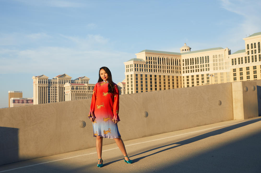 Writer Sally Wen Mao poses for a portrait on the roof of her apartment building in Las Vegas.