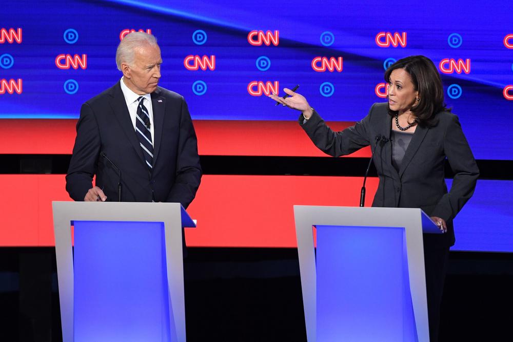 Democratic presidential hopeful former Vice President Joe Biden listens as Sen. Kamala Harris speaks during the second round of the second Democratic primary debate of the 2020 presidential campaign season.