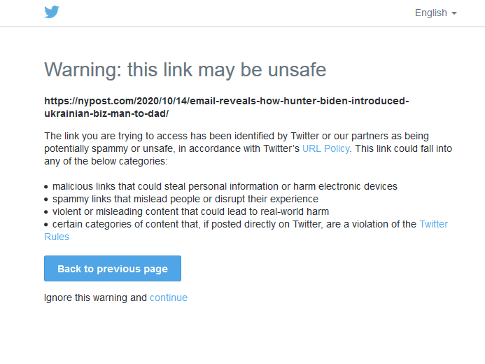 Twitter shows a warning screen to users who clicked on links to a <em>New York Post</em> story.