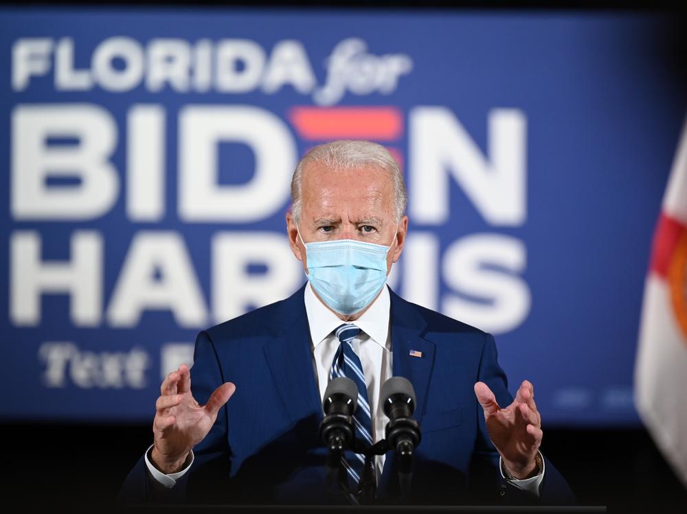 Democratic presidential candidate Joe Biden, pictured in Fort Lauderdale, Fla., on Tuesday, is leading against President Trump in the latest NPR/<em>PBS NewsHour</em>/Marist poll.