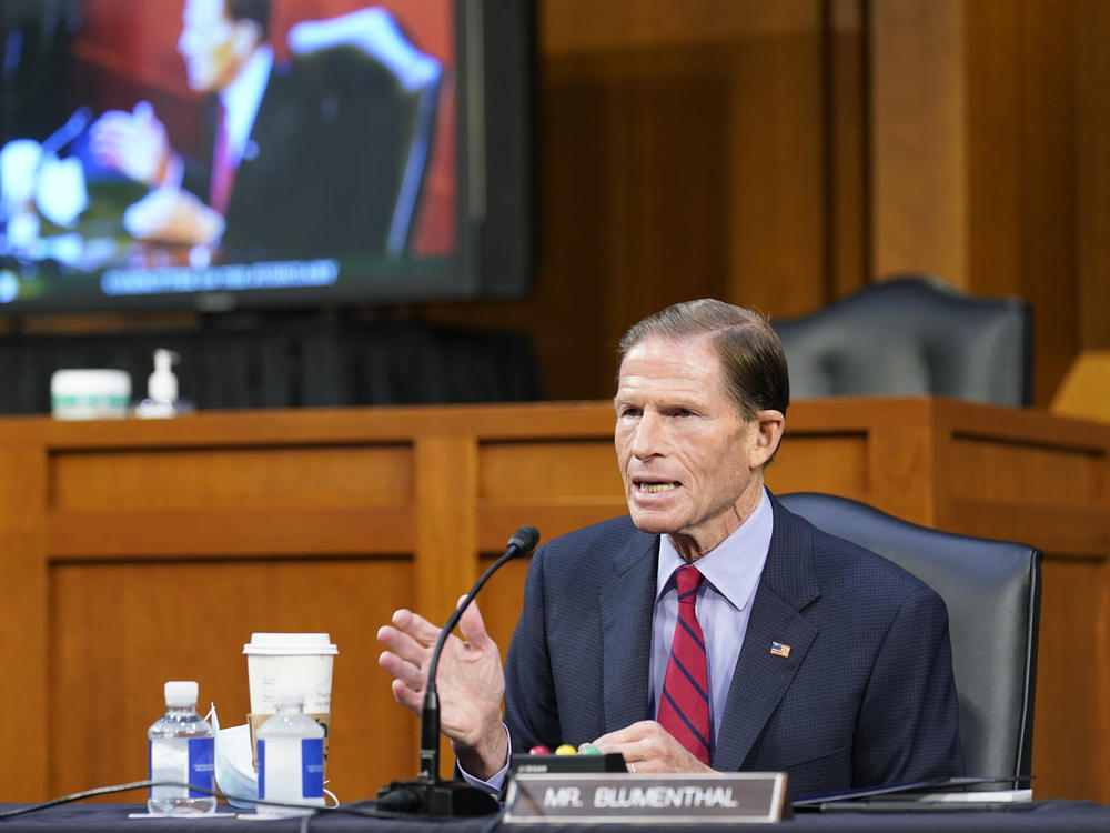 Sen. Richard Blumenthal, D-Conn., speaks before the Senate Judiciary Committee during the confirmation hearing for nominee Amy Coney Barrett on Thursday.