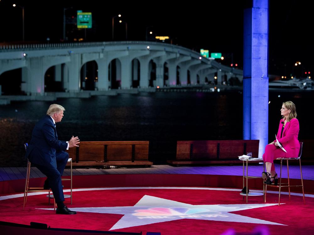 President Trump speaks during an NBC News town hall moderated by Savannah Guthrie at the Perez Art Museum in Miami. At the same time Thursday night, Democratic nominee Joe Biden participated in an ABC News town hall in Philadelphia.