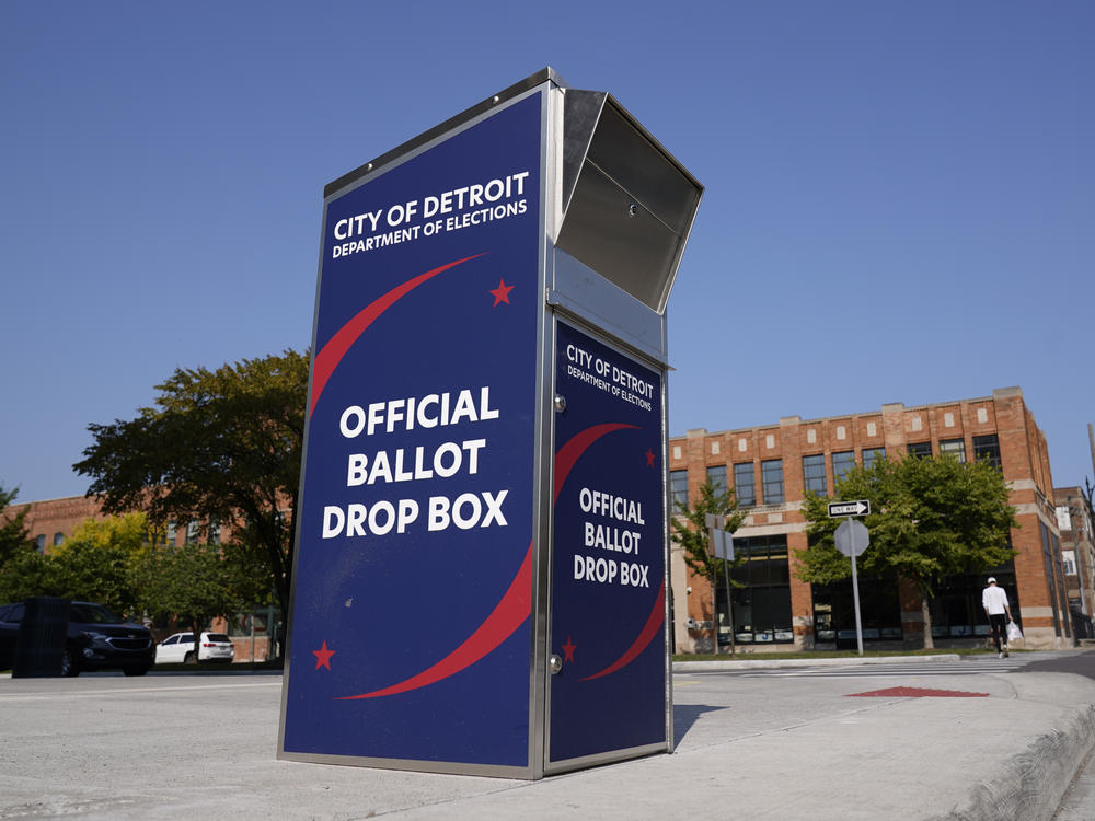 A ballot drop box is shown where voters can drop off absentee ballots instead of using the mail in Detroit.