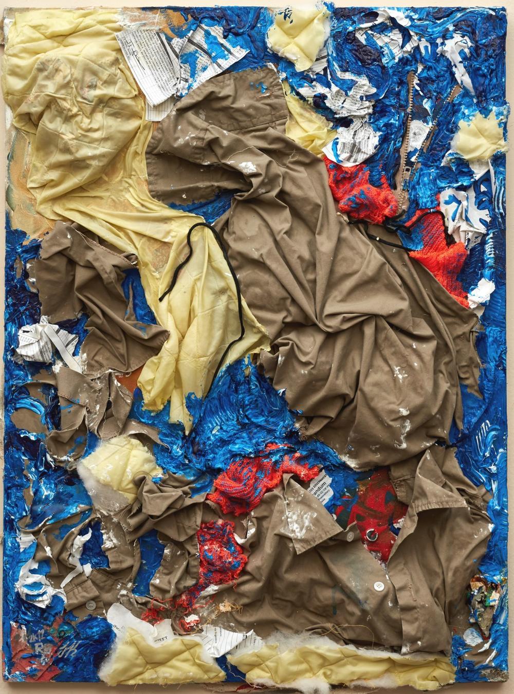 Gilberto Rivera, <em>An Institutional Nightmare</em>, 2012. Federal prison uniform, commissary papers, floor wax, prison reports, newspaper, acrylic paint on canvas.