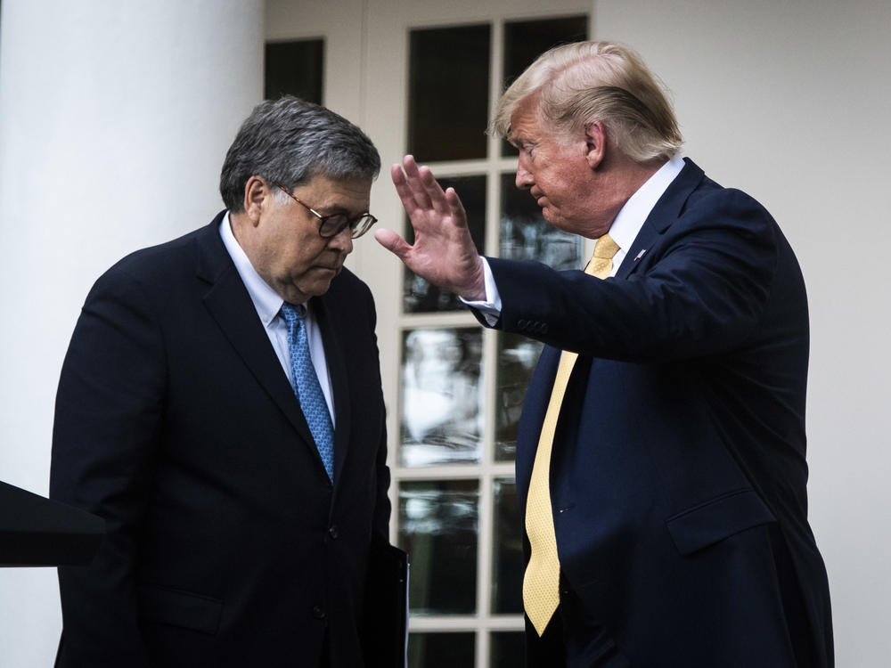 President Trump and U.S. Attorney General William Barr leave after delivering remarks on the 2020 census in the White House Rose Garden in 2019 in Washington, D.C.