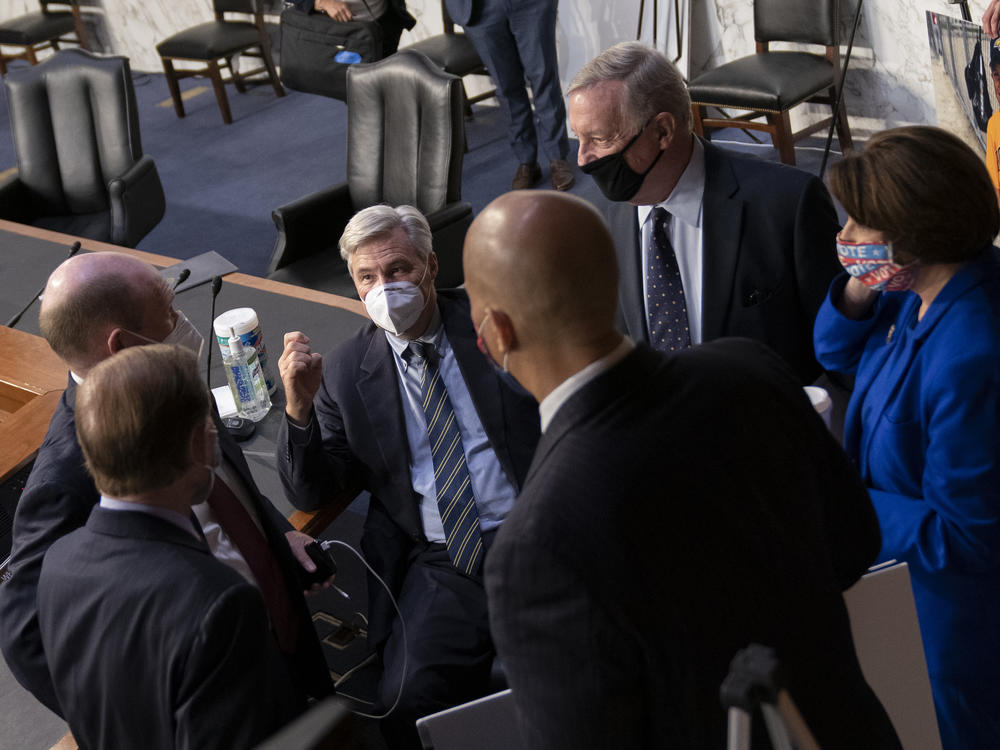 Senate Democrats speak Oct. 12 after a confirmation hearing for Supreme Court nominee Amy Coney Barrett before the Senate Judiciary Committee. They have announced they will boycott Thursday's scheduled committee vote on Barrett.