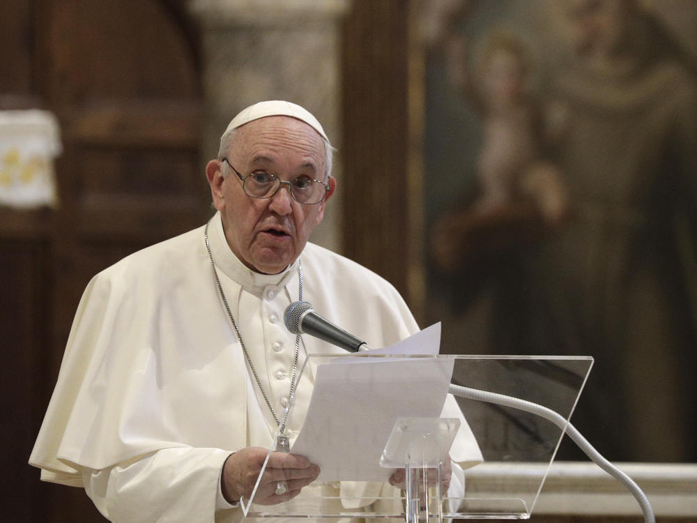 Pope Francis attends a interreligious ceremony for peace Tuesday in the Basilica of Santa Maria in Aracoeli in Rome.
