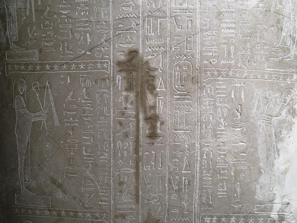 A stain on Sarcophagus of the prophet Ahmose inside the Egyptian Court of the Neues Museum after smeared with a liquid.