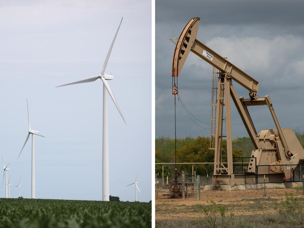 Wind turbines near Dwight, Ill. and a pump jack in Cotulla, Texas. The presidential candidates have opposing views on the future of U.S. energy.