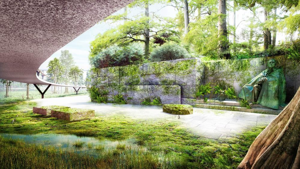 In one of the possible future design scenarios presented by James Cormer Field Operations, nature would take its course, and a walkway would be built around the Tidal Basin for visitors to observe.
