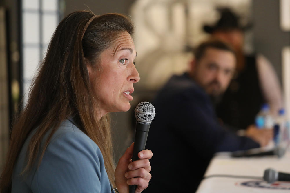 Idaho State Sen. Michelle Stennett, a Democrat, answers a question during a debate with her Republican opponent, Eric Parker, on Sept. 17.