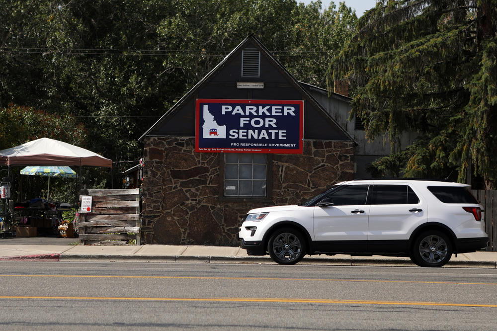 A large sign for Republican state senate candidate Eric Parker in Bellevue, Idaho, on Sept. 19. What his critics don't get, Parker said, is that he's not ashamed of his conduct in the Bundy Ranch standoff. In fact, he's proud of it.