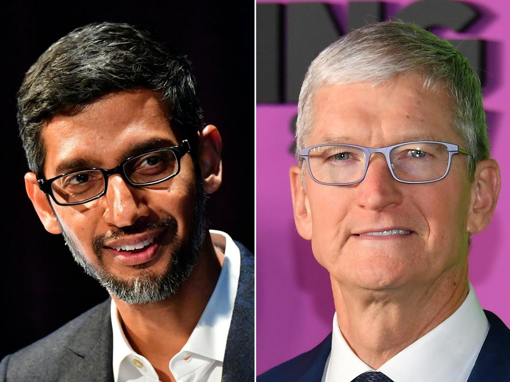 The Justice Department says Google CEO Sundar Pichai (left) met privately with Apple chief Tim Cook in 2018 to discuss how their two companies could collaborate.